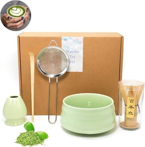 HBSTK Chasen Matcha-Besen-Set 5er-Set inkl. Bambus-Schneebesen, Filtersieb, Keramik-Schale, Löffel & Ständer – Stylisches Komplettset für Matcha-Teezeremonie in Klassischem Grün von HBSTK