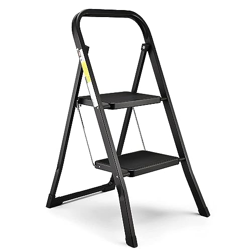 HBTower 2-Stufen-Leiter, Tritthocker mit Anti-Rutsch-Pedal, Tragbare Robuste Trittleiter mit Handläufen, Perfekt für Küche & Haushalt, 150KGS Kapazität, Schwarz von HBTower