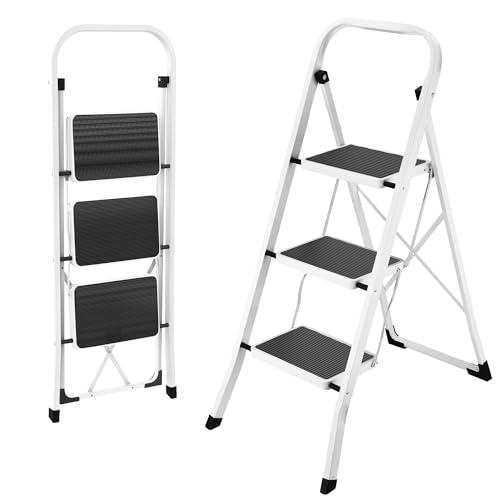 HBTower Trittleiter 3 Stufen klappbar, Trittleiter mit Anti-Rutsch-Pedal, Tragbare Robuste Tritthocker mit Handläufen, Perfekt für Küche & Haushalt, 150kg Kapazität, Weiß von HBTower