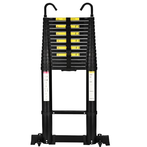 HBTower 6,3m Teleskopleiter Aluminium mit Haken, Leichte Ausziehleiter, Leiter Ausziehbar, klappbare Leiter für Dachböden, Caravans, 150kg Tragfähigkeit, Schwarz von HBTower