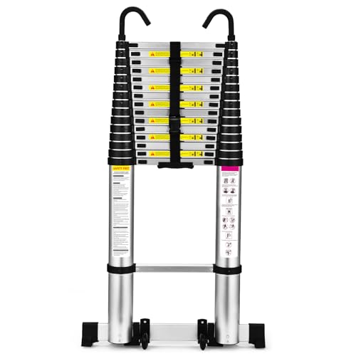 HBTower 6,3m Teleskopleiter Aluminium mit Haken, Leichte Ausziehleiter, Leiter Ausziehbar, klappbare Leiter für Dachböden, Caravans, 150kg Tragfähigkeit, Silber von HBTower