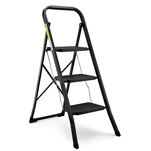 HBTower Trittleiter 3 Stufen klappbar, Faltbare Leiter aus Stahllegierung, rutschfeste Pedale, nur 4,5 cm dünn gefaltet, 150 kg belastbar, kein Aufbau nötig – für Küche, Garage & Büro von HBTower