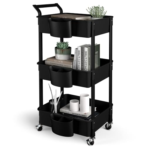 HBTower Rollwagen aus Kunststoff,Küchenwagen 3 Etagen, Servierwagen, mit extra hängenden Tassen, feststellbare Räder für Wohnzimmer, Küche, Büro, Schwarz HBTower Rollwagen aus Kunststoff,Küchenwagen 3 Etagen, Servierwagen, mit extra hängenden Tassen, feststellbare Räder für Wohnzimmer, Küche, Büro, Schwarz von HBTower