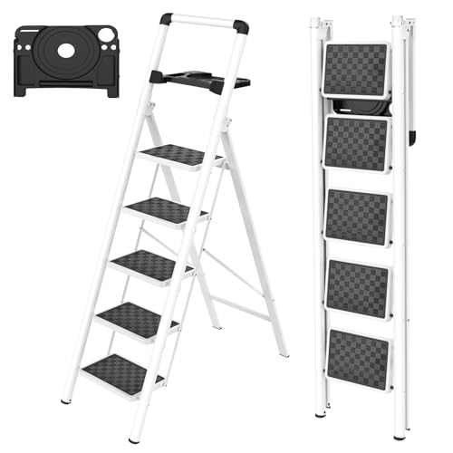 HBTower Trittleiter 5 Stufen Klappbar, Kompakter Klapptritt mit Werkzeugablage, Robuster Stahlrahmen, 150 kg Tragkraft, Tragbar für Haushalt und Küche von HBTower