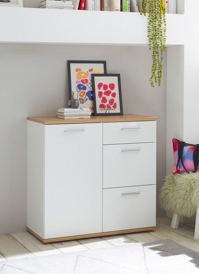 HBZ Kommode BC1035 weiß matt, BxHxT 95x86x38 cm, Kommode mit 1 Tür, 3 Schubkästen, 1 Einlegeboden von HBZ