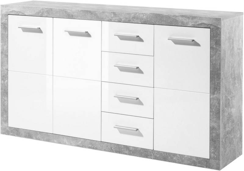 HBZ Kommode Stone 2 Weiß Glanz, BxHxT 152x88x37 cm, Kommode mit 3 Türen, 4 Schubkästen, 2 Einlegeböden von HBZ