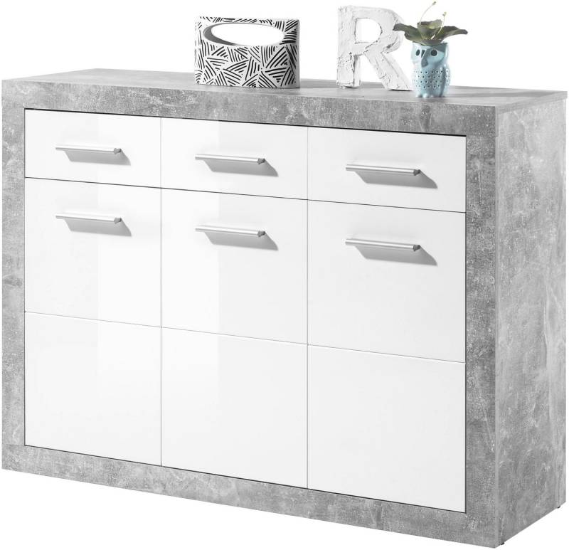 HBZ Kommode Stone 2 weiß Glanz, BxHxT 117x88x37 cm, Kommode mit 3 Türen, 3 Schubkästen, 2 Einlegeböden von HBZ