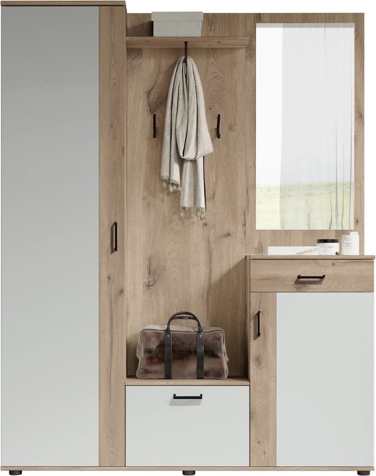 HBZ Kompaktgarderobe Jens mit Spiegel, Flurgarderobe BxHxT 145x184x29 cm (1-St) Mit Hochschrank, Bank, Paneel und Kommode von HBZ