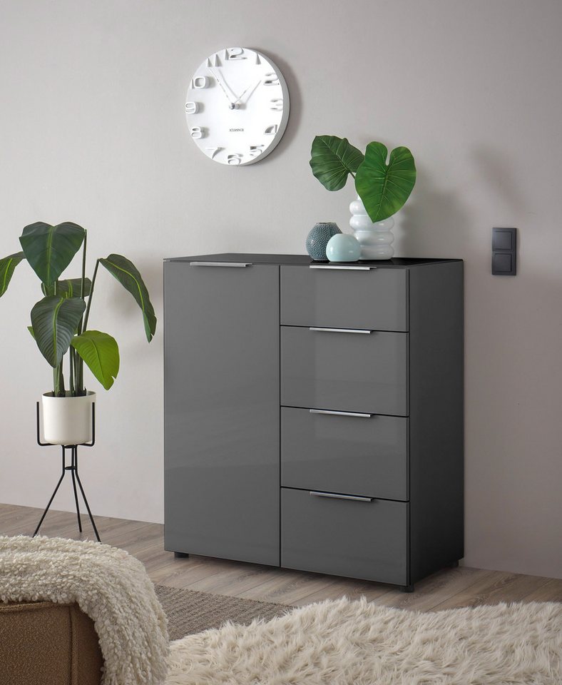HBZ Sideboard Santorin Mehrzweckschrank-Universalschrank, BxHxT 90x99x40 cm (1 St), Mit 1 Tür und 4 Schubkästen mit Softclose, Glasfront und Glasoberboden von HBZ
