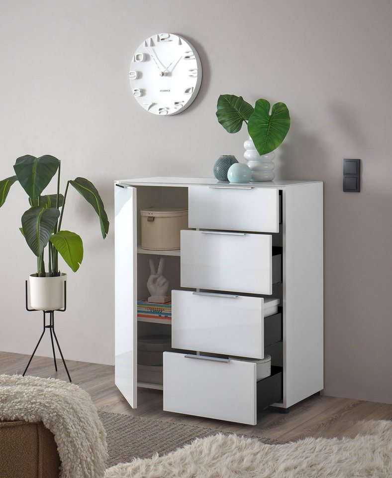 HBZ Sideboard Santorin Mehrzweckschrank-Universalschrank, BxHxT 90x99x40 cm (1 St), Mit 1 Tür und 4 Schubkästen mit Softclose, Glasfront und Glasoberboden von HBZ