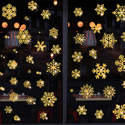 HBell Weihnachts-Schneeflocken-Aufkleber,110 Stück, wiederverwendbar,Weihnachts-Fensteraufkleber,statisch,selbsthaftend,PVC-Schneeflocken,Winterparty-Zubehör,Ornamente (Gold) von HBell