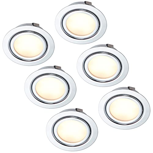 HCFEI 6er Set LED Slim Möbel Einbaustrahler | Chrom glänzend | 230V 3W | Warmweiß 3000K | Bohrloch: 55-60mm - Außendurchmesser: 73mm - Einbautiefe: 25mm | 15cm Anschlusskabel von HCFEI