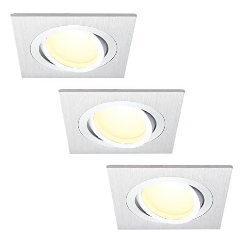 HCFEI 3er Set LED Einbaustrahler dimmbar flach Eckig, Silber gebürstet, Schwenkbar mit 5W LED Modul Warmweiß 3000K für 230V ohne Trafo, glanzpolierter Innenring von HCFEI