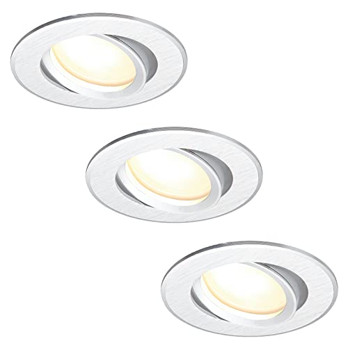 HCFEI 3er Set LED Einbaustrahler flach FLAT DIM 120° 230V 3W Warmweiß 3000K Einbauloch 68-75 mm, Silber gebürstet, Schwenkbar, Einbautiefe 25 mm von HCFEI