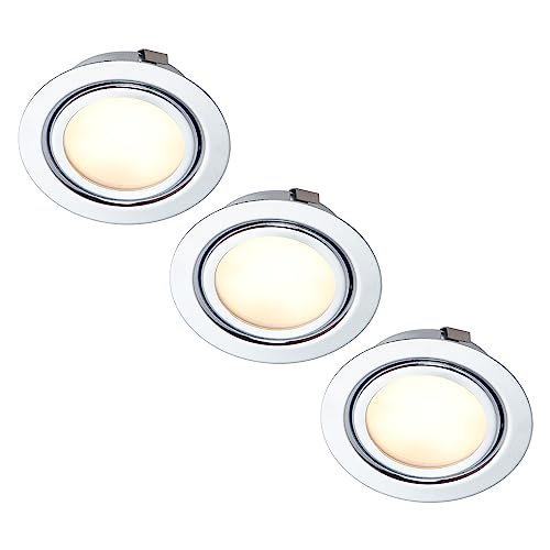 HCFEI 3er Set LED Slim Möbel Einbaustrahler | Chrom glänzend | 230V 3W | Warmweiß 3000K | Bohrloch: 55-60mm - Außendurchmesser: 73mm - Einbautiefe: 25mm | 15cm Anschlusskabel von HCFEI