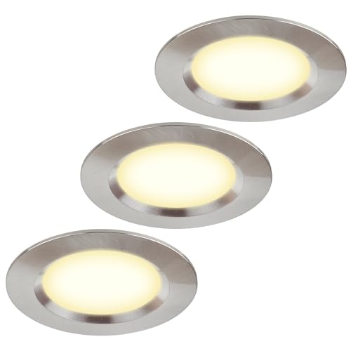 HCFEI 3er Set Möbel Einbauleuchte 12V ultra flach 3W LED-Einbaustrahler 55mm Lochausschnitt mit 2M Kabel IP44 Deckenspot für Spiegelschränke, Vitrinen, Möbel und Schränke (Chrom 3000K) von HCFEI