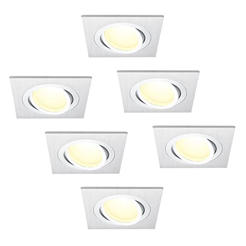 HCFEI 6er Set LED Einbaustrahler dimmbar flach Eckig, Silber gebürstet, Schwenkbar mit 5W LED Modul Warmweiß 3000K für 230V ohne Trafo, glanzpolierter Innenring von HCFEI