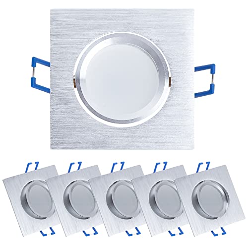 HCFEI LED Einbaustrahler 5W | 425lm | Dimmbar | Extra flach, 30mm Einbautiefe | Ø68mm Bohrlochdurchmesser | Spot Wohnzimmer | Einbauleuchte Silber gebürstet Eckig | 230V | Warmweiß (6er Pack) von HCFEI