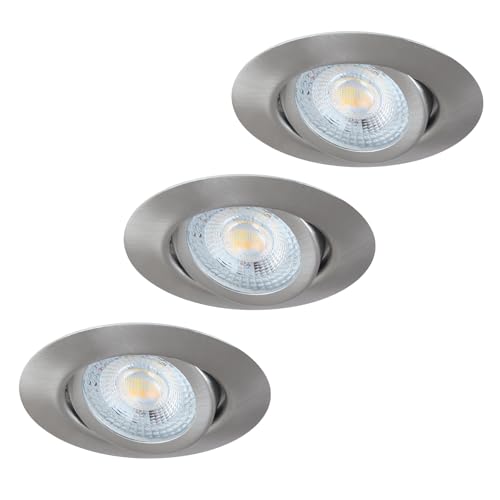 HCFEI LED Einbaustrahler Flach Dimmbar, Schwenkbar 5W LED Spots 230V, IP44 Bad Einbauleuchten Deckenspots Einbauspots, 3CCT Warmweiß Neutralweiß Kaltweiß (3er set, Edelstahl Gebürstet, 38°) von HCFEI