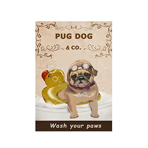 HCHES Lustiges Retro Blechschild Wash Your Paws mit Pug Hund Motiv Metallschild Personalisiert Kunstdruck Poster für Küche Gästetoilette WC Badezimmer Deko (Pug dog) von HCHES