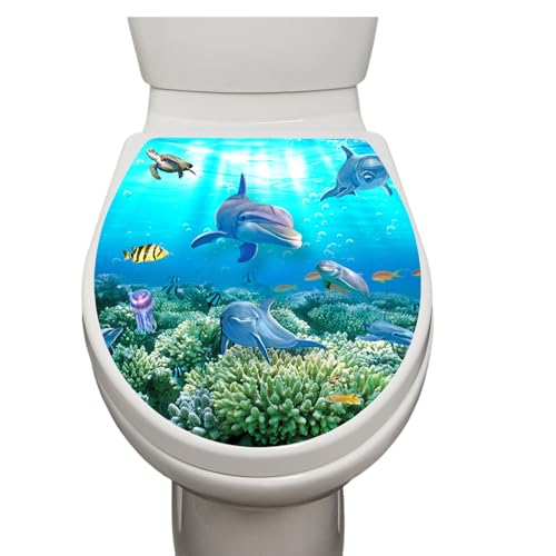 Toilettenaufkleber Toilettensitz Deckel Selbstklebend Wasserdichte PVC Badezimmer WC-Sitz Aufkleber Kreative Unterwasserwelt Stickers Oval Form Größe 35 * 40cm (SPZ-WC055) von HCHES