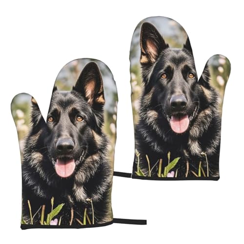 Ofenhandschuhe 2er Set Hitzebeständiger Ofenhandschuh zum Kochen Schwarzer Deutscher Schäferhund Ofenhandschuh Rutschfeste Ofenhandschuhe für Küche Grillen Mikrowelle Backen BBQ von HCLYvexiria