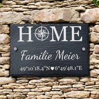 Türschild Schiefer Mit Namen & Koordinaten | Kompass Gravur Home Schriftzug Haustürschild Personalisiert Geschenk Einzug Haus von HCLasergravur