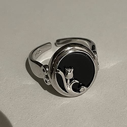 HCMA 925 Silber Französisch Schwarzer Achat Oval Rose Ringe für Frauen Retro Onyx Blume Offener Ring Weibliche Schmuck Geschenke von HCMA