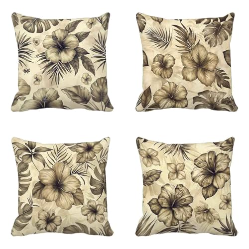 Braun Kissenbezug 45x45cm 4er Set, Outdoor Kissen Wetterfest Leinen Material, Doppelseitig Druck Kissenbezüge Ländlich Muster mit Verstecktem Reißverschluss Design für Balkon Garten Deko -HCW2506DK von HCWBDWOU