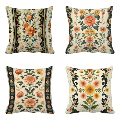 Creme Kissenbezug 55x55cm 4er Set, Outdoor Kissen Wetterfest Leinen Material, Doppelseitig Druck Kissenbezüge Blume Muster mit Verstecktem Reißverschluss Design für Balkon Garten Deko -HCW2506CR von HCWBDWOU
