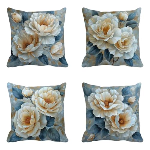 Creme Kissenbezug 70x70 4er Set, Weich Dekokissen Blume KissenbezüGe Beidseitiger Druck Musterdesign Kissenbezug Mit VerstecktemreißVerschluss für Zimmer Deko Wohnzimmer Sofa Schlafzimmer -HCW25063G von HCWBDWOU