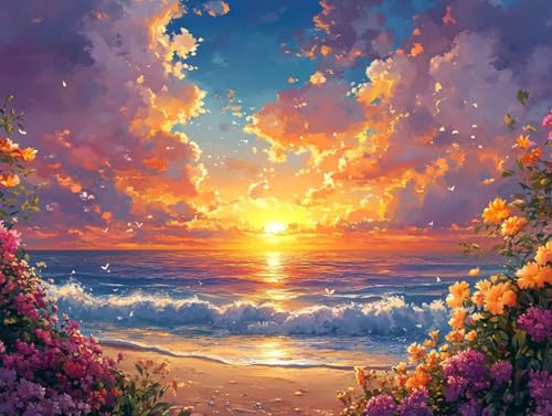 Diamond Painting Strand, Sonnenuntergang Diamant Painting Bilder Erwachsene, 5D Runder Vollbohrer Diamond Art Malerei Anfänger Bastelset Erwachsene, für Aesthetic Room Decor, (70x95cm), Model 99 von HCWBDWOU