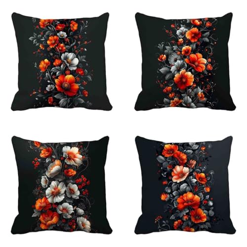 Gebranntes Orange Kissenbezug 75x75 cm 4er Set, Weich Dekokissen Blume KissenbezüGe Beidseitiger Druck Musterdesign Kissenbezug Mit VerstecktemreißVerschluss für Zimmer Deko Wohnzimmer Sofa -HCW2506VB von HCWBDWOU
