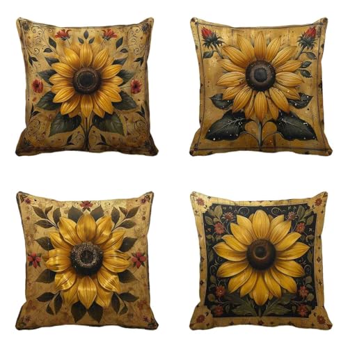 Gelb Kissenbezug 70x70 4er Set, Outdoor Kissen Wetterfest Leinen Material, Doppelseitig Druck Kissenbezüge Sonnenblume Muster mit Verstecktem Reißverschluss Design für Balkon Garten Deko -HCW250674 von HCWBDWOU