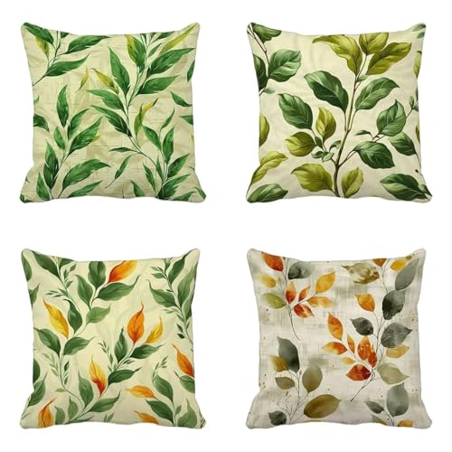 Grün Kissenbezug 60x60 4er Set, Weich Dekokissen Blatt KissenbezüGe Beidseitiger Druck Musterdesign Kissenbezug Mit VerstecktemreißVerschluss für Zimmer Deko Wohnzimmer Sofa Schlafzimmer -HCW25065G von HCWBDWOU