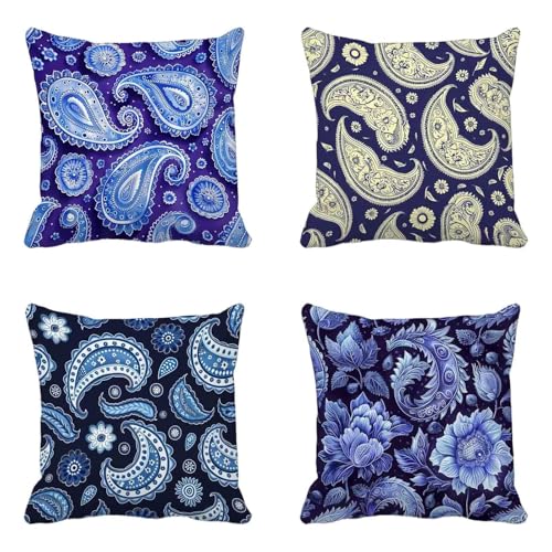 Lila Kissenbezug 55x55 cm 4er Set, Outdoor Kissen Wetterfest Leinen Material, Doppelseitig Druck Kissenbezüge Blume Muster mit Verstecktem Reißverschluss Design für Balkon Garten Deko -HCW2506GH von HCWBDWOU