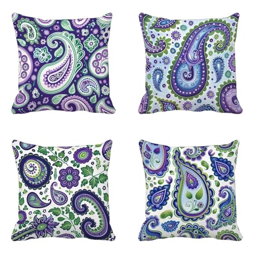 Lila Kissenbezug 70 x 70 cm 4er Set, Outdoor Kissen Wetterfest Leinen Material, Doppelseitig Druck Kissenbezüge Blume Muster mit Verstecktem Reißverschluss Design für Balkon Garten Deko -HCW25060O von HCWBDWOU
