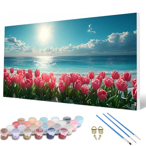 Malen Nach Zahlen Erwachsene, Blumen Malen Nach Zahlen Meer Paint by Numbers DIY Bastelset Erwachsene Mit 3 Pinseln und Acrylfarben für Deko Wohnzimmer, Geschenke für Frauen 60X120 CM -hcw2507DU von HCWBDWOU