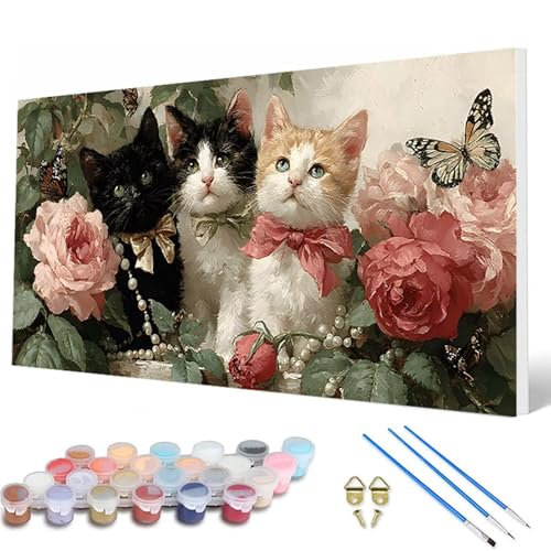 Malen Nach Zahlen Erwachsene, Katzen Malen Nach Zahlen Blumen Paint by Numbers DIY Bastelset Erwachsene Mit 3 Pinseln und Acrylfarben für Deko Wohnzimmer, Geschenke für Frauen 60X120 CM -hcw25074F von HCWBDWOU