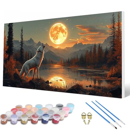 Malen Nach Zahlen Erwachsene, Wolf Malen Nach Zahlen Mond Paint by Numbers DIY Bastelset Erwachsene Mit 3 Pinseln und Acrylfarben für Deko Wohnzimmer, Geschenke für Frauen 100 x 200 cm -hcw2507IK von HCWBDWOU
