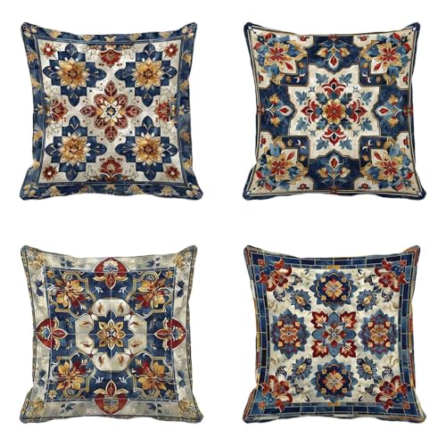 Marineblau Kissenbezug 60 x 60 cm 4er Set, Outdoor Kissen Wetterfest Leinen Material, Doppelseitig Druck Kissenbezüge Böhmen Muster mit Verstecktem Reißverschluss Design für Garten Deko -HCW250671 von HCWBDWOU