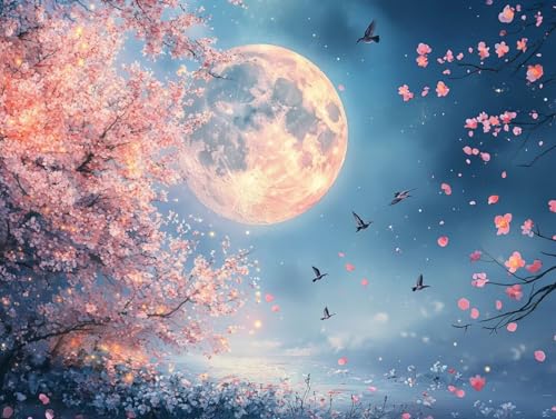 Mond Diamond Painting Erwachsene, 5D Diamond Painting KirschblüTen Bilder, DIY Runder Vollbohrer Diamanten Malerei Kits Erwachsene Mosaikherstellung Bastelset für Wanddeko, Geschenke, 40x55 cm, 73 von HCWBDWOU