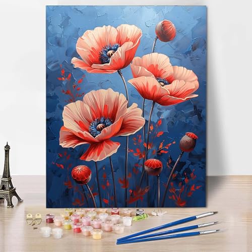 Paint by Numbers Blume Malen Nach Zahlen Mohn Malen Nach Zahlen Anfänger DIY Handgemalt Ölgemälde Leinwand Kits mit 3 Pinseln und Acrylfarbe für Wanddeko, Geschenk für Frauen 20 x 30 cm -CW2504I5 von HCWBDWOU