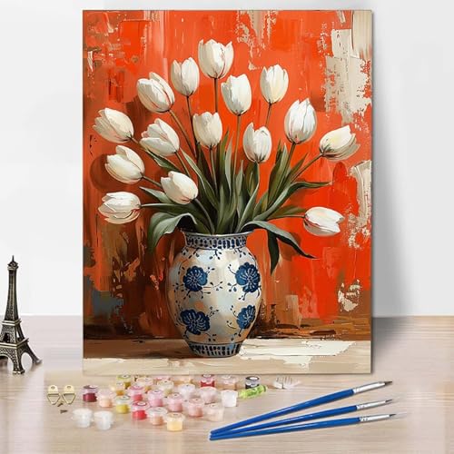 Paint by Numbers Tulpe Malen Nach Zahlen Blumen Malen Nach Zahlen Anfänger DIY Handgemalt Ölgemälde Leinwand Kits mit 3 Pinseln und Acrylfarbe für Wanddeko, Geschenk für Frauen 20 x 30 cm -CW250480 von HCWBDWOU