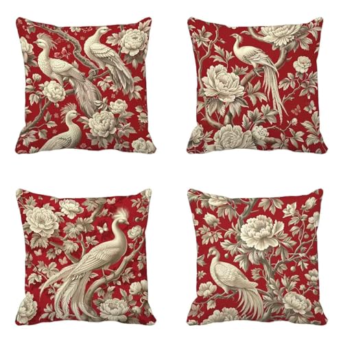 Rot Kissenbezug 45x45cm 4er Set, Outdoor Kissen Wetterfest Leinen Material, Doppelseitig Druck Kissenbezüge Ländlich Muster mit Verstecktem Reißverschluss Design für Balkon Garten Deko -HCW2506TN von HCWBDWOU
