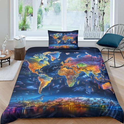 HCXXAOEYP Weltkarte Bettbezug Set Bettwäsche-Sets Kinderbettwäsche-Set Reißverschluss Mit Kissenbezügen Betten Set Für Jungen Und Mädchen, Kinder Single（1Tier5x200cm） von HCXXAOEYP