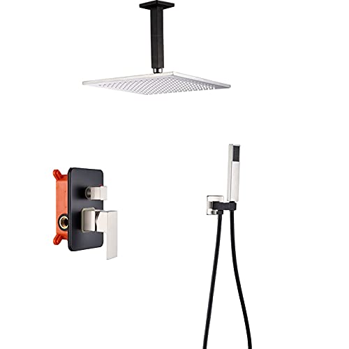 Duschsystem Schwarz Duscharmatur Set Deckenmontage Quadratisch Regenduschkopf System mit Handbrause Set Regenmischer Dusche Combo Set (20,3 cm) von HCZKIUJY