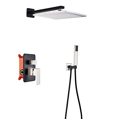 Duschsystem Schwarz Duscharmatur Set Wandmontage Quadratisch Regenduschkopf System mit Handbrause Set Regenmischer Dusche Combo Set (25,4 cm) von HCZKIUJY