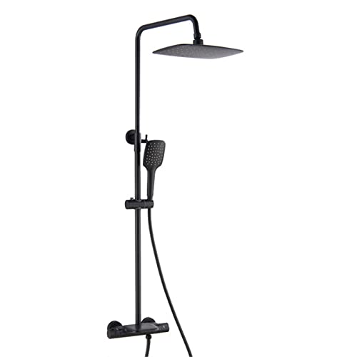 Duschsystem Schwarz mit Wasserfall Wannenauslauf, Badezimmer Thermostat-Duscharmatur Set mit höhenverstellbarem Regenduschkopf und Handbrause, Messing, Wandmontage Duschsystem Schwarz mit Wasserfall Wannenauslauf, Badezimmer Thermostat-Duscharmatur Set mit höhenverstellbarem Regenduschkopf und Handbrause, Messing, Wandmontage von HCZKIUJY
