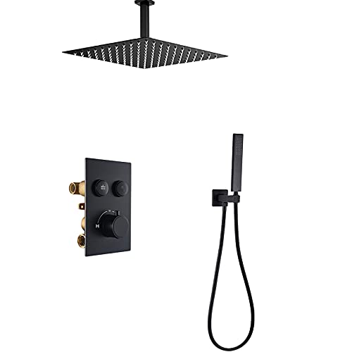 Duschsystem Thermostat Schwarz Duscharmatur Set Deckenmontage Regendusche Kopfsystem mit Handbrause Set Regenmischer Dusche Combo Set (20,3 cm) von HCZKIUJY